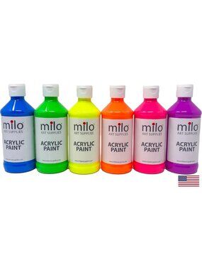 Vibrant Fluorescent Acrylic Paint Set - 6 Neon Colors, 8 oz Bottles, UV Glow